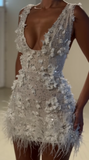 Sparkly Sheath V Neck White Feathers Beaded Wedding Dress Short Bridal Gown Wedding Dresses HZ0311