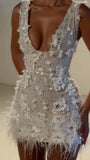 Sparkly Sheath V Neck White Feathers Beaded Wedding Dress Short Bridal Gown Wedding Dresses HZ0311