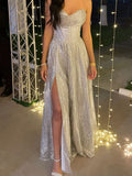 Simple A Line Spaghetti Straps Sequin Slit Prom Dresses Impress Sweet 16 Birthday Outfits Prom Gown HZ0311