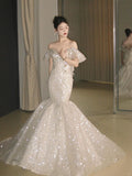Modest Mermaid Off The Shoulder Sequin Prom Dresses Long Party Dress 18th Birthday Outfits Graduation Dress HZ0311