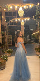 Chic A Line Straps Blue Tulle Long Prom Dresses Formal Dress Birthday Outfits Prom Gown HZ0311