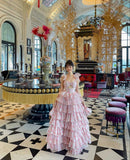 Chic Ball Gown Straps Floral Pink Floor Length Prom Dresses Formal Dress Birthday Outfits Prom Gown HZ0311