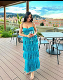 Modest Ball Gown Spaghetti Straps Blue Tulle Prom Dresses Party Dress 16th Birthday Outfits Graduation Dress HZ0311