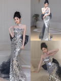 Shinning Mermaid Strapless Sequin Silver Prom Dresses Formal Dress 18th Birthday Outfits Prom Gown HZ0311
