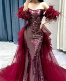 Shinning Mermaid Strapless Sequin Burgundy Slit Prom Dresses Formal Dress 18th Birthday Outfits Prom Gown HZ0311