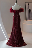 Classy Mermaid Off The Shoulder Burgundy Sequin Prom Dresses Formal Dress 18th Birthday Outfits Prom Gown HZ0311