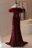 Classy Mermaid Off The Shoulder Burgundy Sequin Prom Dresses Formal Dress 18th Birthday Outfits Prom Gown HZ0311