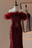 Classy Mermaid Off The Shoulder Burgundy Sequin Prom Dresses Formal Dress 18th Birthday Outfits Prom Gown HZ0311