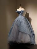 Charming Ball Gown Strapless Dusty Blue Tulle Pleated Long Quinceanera Dress Sweet 15 16 Dresses HZ0311