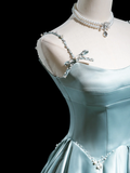 Retro A line Spaghetti Strap Light Sky Blue Satin Long Prom Dresses Impress 18th Birthday Outfits Prom Gown HZ0311