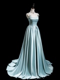 Retro A line Spaghetti Strap Light Sky Blue Satin Long Prom Dresses Impress 18th Birthday Outfits Prom Gown HZ0311