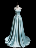 Retro A line Spaghetti Strap Light Sky Blue Satin Long Prom Dresses Impress 18th Birthday Outfits Prom Gown HZ0311