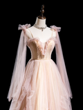 Cute Ball Gown Spaghetti Strap Light Pink Tulle Pleated Long Prom Dresses For Teens Formal Dress Formal Dress Prom Gown HZ0311
