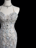 Vintage Mermaid Halter Sleeveless Sequin Beaded Tulle Fitted Beaded Long Wedding Dress Bride Gown Wedding Dresses HZ0311