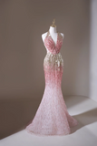 Retro Mermaid Halter Pink Sequin Long Prom Dresses Impress 19th Birthday Outfits Prom Gown HZ0311