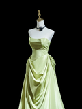 Simple Sheath Strapless Mint Green Satin Pleated Long Prom Dresses Formal Dress 18th Birthday Outfits Prom Gown HZ0311