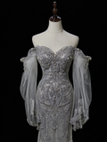 Timeless Mermaid Sweetheart Long Sleeve Sequin Silver Fitted Long White Wedding Dress Bride Gown Wedding Dresses HZ0311