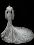 Timeless Mermaid Sweetheart Long Sleeve Sequin Silver Fitted Long White Wedding Dress Bride Gown Wedding Dresses HZ0311