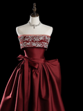 Classy Ball Gown Strapless Burgundy Satin Prom Dresses Formal Dress 20th Birthday Outfits Prom Gown HZ0311