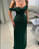 Sexy Mermaid Strap Dark Green Beads Sequins Pleated Long Prom Dresses Inspo Prom Gown HZ0311
