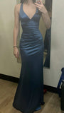 Sexy Mermaid V Neckline Navy Blue Satin Pleated Long Prom Dresses Inspo Prom Gown HZ0311