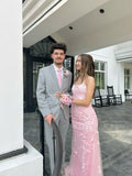 Fantasy Mermaid Spaghetti Straps Light Pink Lace Long Prom Dresses Inspiration Formal Gown HZ0311