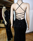 Sexy Mermaid Spaghetti Straps Black Sequin Slit Prom Dresses Formal Dress 18th Birthday Outfits Prom Gown HZ0311