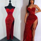 Sexy Mermaid Spaghetti Straps Red Sequin Slit Side Long Prom Dresses Inspiration Formal Gown HZ0311