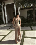 Sexy Mermaid Spaghetti Straps Gold Slit Long Prom Dresses Inspiration Formal Gown HZ0311