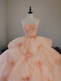 Cute Ball Gown Strapless Blush Pink Tulle Flowers Long Prom Dress Sweet 15 16 Dresses HZ0311