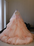 Cute Ball Gown Strapless Blush Pink Tulle Flowers Long Prom Dress Sweet 15 16 Dresses HZ0311