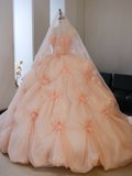 Fairy-tale Ball Gown Strapless Blush Pink Tulle Flowers Long Quinceanera Dress Sweet 15 16 Dresses HZ0311