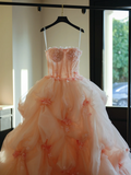 Cute Ball Gown Strapless Blush Pink Tulle Flowers Long Quinceanera Dress Sweet 15 16 Dresses HZ0311