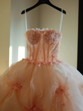Cute Ball Gown Strapless Blush Pink Tulle Flowers Long Prom Dress Sweet 15 16 Dresses HZ0311