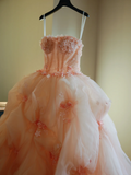 Cute Ball Gown Strapless Blush Pink Tulle Flowers Long Quinceanera Dress Sweet 15 16 Dresses HZ0311