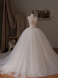 Princess Ball Gown Spaghetti Straps Sleeveless Tulle Fitted Corset Long Wedding Dress Bride Gowns White Wedding Dresses HZ0311