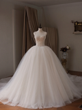 Princess Ball Gown Spaghetti Straps Sleeveless Tulle Fitted Corset Long Wedding Dress Bride Gowns White Wedding Dresses HZ0311