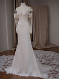 Princess Mermaid High Neck Long Sleeve Lace Fitted Corset Long Wedding Dress Bride Gowns White Wedding Dresses HZ0311