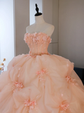 Fairy-tale Ball Gown Strapless Blush Pink Tulle Flowers Long Quinceanera Dress Sweet 15 16 Dresses HZ0311