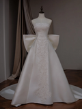 Princess Ball Gown Strapless Sleeveless With Bow Satin Fitted Corset Long Wedding Dress Bride Gowns White Wedding Dresses HZ0311