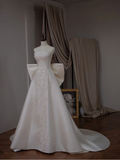 Princess Ball Gown Strapless Sleeveless With Bow Satin Fitted Corset Long Wedding Dress Bride Gowns White Wedding Dresses HZ0311