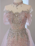 Unique Mermaid Off The Shoulder Pink With Silver Beads Prom Dresses Inspiration Long Party Dress Birthday Outfits Graduation Dress HZ0311