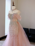 Unique Mermaid Off The Shoulder Pink With Silver Beads Prom Dresses Inspiration Long Party Dress Birthday Outfits Graduation Dress HZ0311
