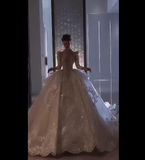 Ethereal Ball Gown Square Neck White Fitted Corset Long Sleeve Sequins Wedding Dress Bride Gowns Wedding Dresses HZ0311