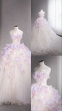 Charming Ball Gown Strapless Light Lilac Tulle Flowers Long Quinceanera Dress Sweet 15 16 Dresses HZ0311