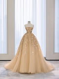 Charming Ball Gown Strapless Champagne Tulle Long Quinceanera Dress Sweet 15 16 Dresses HZ0311