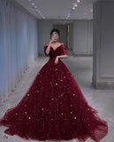 Beautiful Ball Gown Off The Shoulder Burgundy Tulle Prom Dresses For Teens Formal Dress Party Outfits Prom Gowns HZ0311