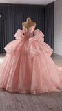 Modest Quinceanera Dresses Ball Gown Sweetheart Pink Tulle Birthday Gown Vestidos De 15 Anos Formal Party Puffy Sleeves Sweet 16 Dress HZ0311
