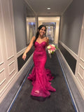 Unique Mermaid Strapless Hot Pink Sequin Prom Dresses For Teens Formal Dress Party Outfits Prom Gown HZ0311