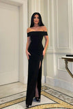 Sexy Mermaid Off The Shoulder Black Slit Prom Dresses For Teens Formal Dress Party Outfits Prom Gown HZ0311